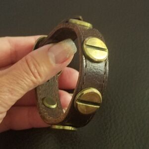 Vintage Leather & Brass Screw Studded Bracelet Buckle Strap & Free Gift